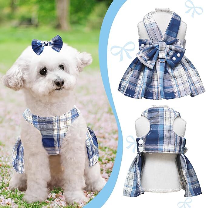 pet products Dog Dress Bowknot Harness Leash Set for Small Dogs Girl Cute Plaid Dog Dress Pearls Bow Tie Spring Summer Princess Clothes Birthday Holiday Doggie Outfits for Puppy Cats Girl Apparel - Image 3